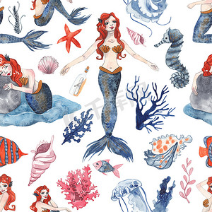 无缝图案与水彩美人鱼, 贝壳, 海星, 鱼和海藻