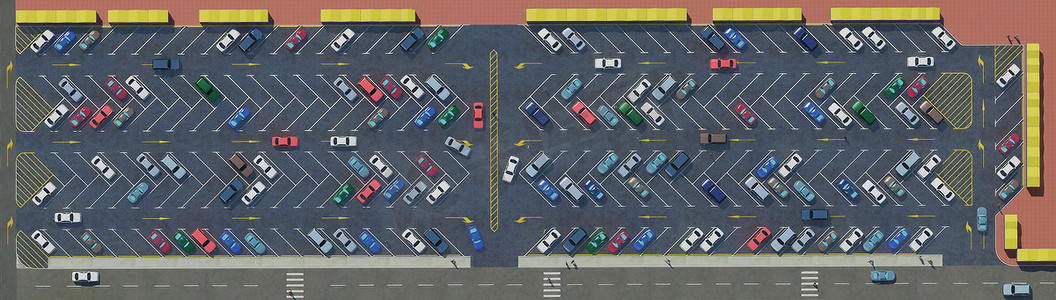 开街停车场, 许多车顶视图, 道路标线在停车场。3d 渲染, 车辆插图 