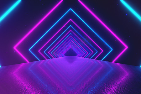 抽象运动几何背景, 发光的霓虹灯正方形创造一个旋转的隧道, 蓝色粉红色的紫色光谱, 荧光紫外线, 现代五颜六色的照明, 3d 插图