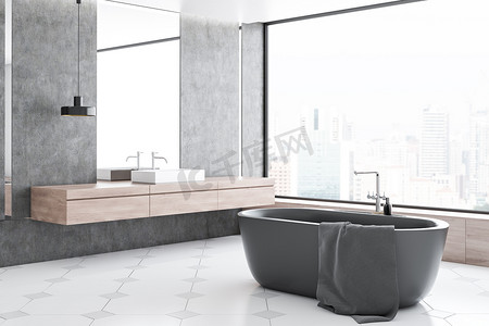 现代浴室的内部与水泥墙, 瓷砖地板, 全景窗户, 灰色浴缸和白色水槽与垂直镜子以上。3d 渲染