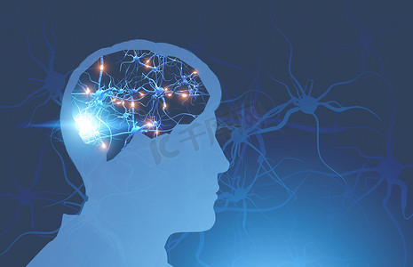 人头剪影与发光的突触在大脑超过蓝色背景与突触。医学和科学的概念。3d 渲染色调图像双曝光模拟