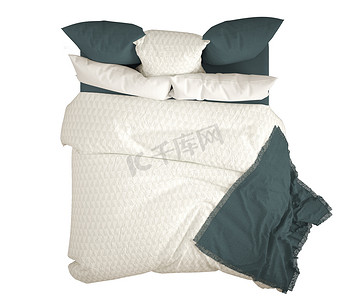 斯堪的纳维亚经典现代双人床, 带枕头, 顶部视图, 在白色背景下隔离, 白色和蓝色室内设计