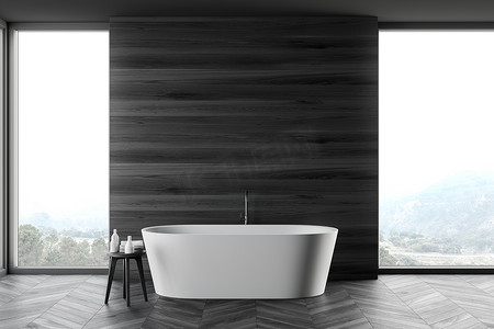 时尚浴室的内部，黑暗的木制墙壁和地板，舒适的白色浴缸站在窗户之间，视野优美。3d渲染