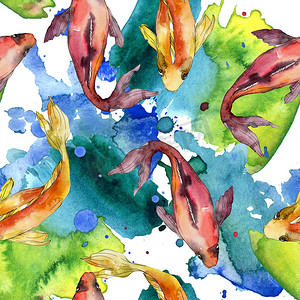水生鱼类。红海和异国情调的鱼里面: 金鱼。水彩插图集。水彩画时尚水彩画。无缝的背景模式。织物壁纸打印纹理.