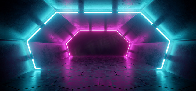 明亮的现代未来外星反射混凝土走廊隧道空房间与紫色和蓝色霓虹灯发光灯六角形地板背景3d 渲染插图
