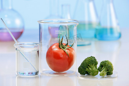 化学滴管和烧杯摄影照片_实验室培育科研西红柿西兰花