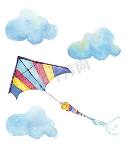厚涂手绘摄影照片_水彩风筝空气集。手绘复古风筝与云和复古设计。白色背景上的插图