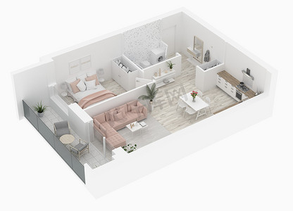 布局平面图摄影照片_3d 家庭平面图, 3d 插图。开放式概念生活公寓布局
