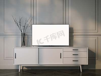 带抽屉电视柜摄影照片_白色电视柜与平板液晶电视。3d 渲染