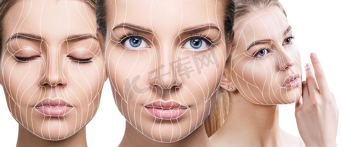 显示面部提升对皮肤的影响的图示线.