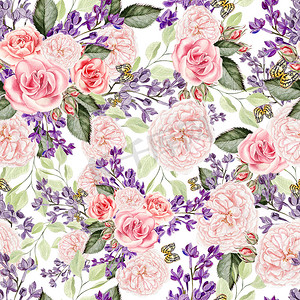 园形边框水彩水墨摄影照片_无缝图案与水彩丁香和玫瑰花. 
