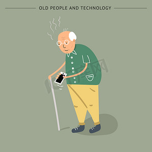 一位拿着拐杖的老人手里拿着电话, 想接一个电话。平的样式向量例证.