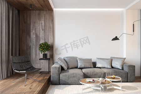 现代客厅内部有空白的墙壁, 沙发, 躺椅, 桌子, 木墙和地板, 植物, 地毯, 隐藏的照明。3d 渲染插图模型.