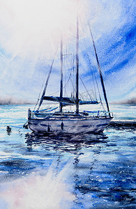 帆船图片摄影照片_在海港的帆船与太阳背景。用水彩创建的图片.