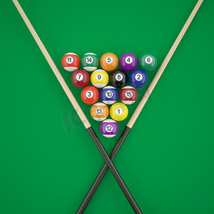 一个三角形与线索的绿色的台球桌台球.