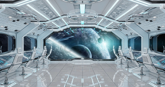 白色干净的太空飞船内部与看法在遥远的行星系统3d 渲染元素这张图片由 Nasa 装备