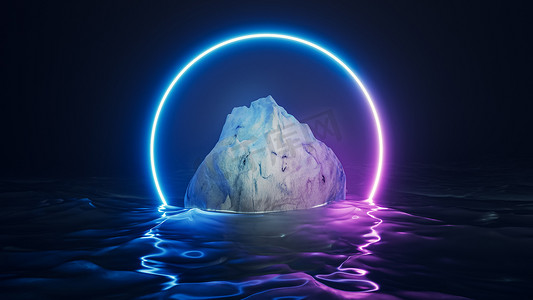 霓虹灯圈在海洋中构筑了一座冰山，抽象的三维渲染图解。复古的未来主义设计景观概念.