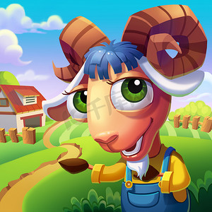 游戏角色卡通摄影照片_令人费解的角羊欢迎你到他的农场!