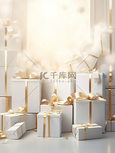 礼物盒礼盒背景图片_白色礼盒金色丝带节日背景8