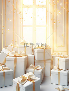 白色礼盒金色丝带节日背景11