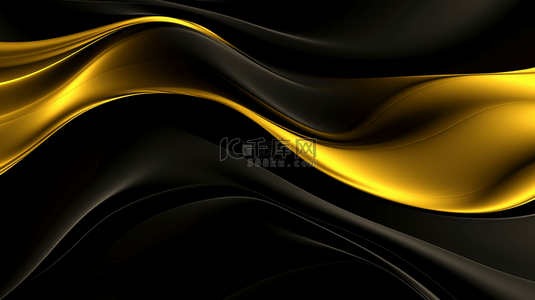 展示了一种光滑的质感和模糊效果的舒缓液流，形成了波浪状的黑色和金色形态。