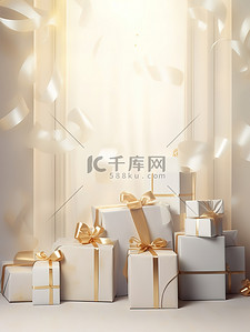 丝带白色背景图片_白色礼盒金色丝带节日背景16