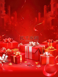 大红喜庆背景图片_礼品盒红色背景广告海报7