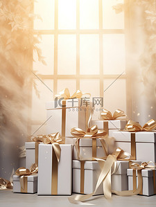 520礼物盒背景图片_白色礼盒金色丝带节日背景2
