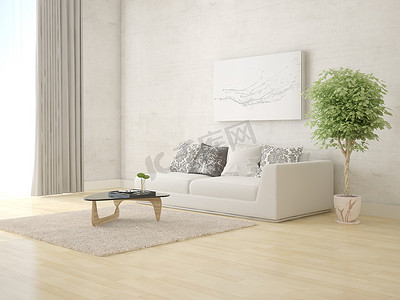 客厅灯光摄影照片_模拟一个明亮的客厅, 舒适舒适的沙发和灯光背景.