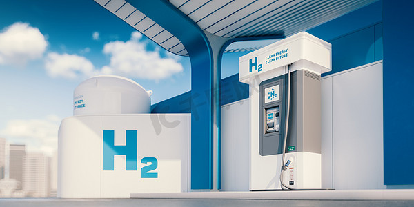 蓝现代摄影照片_现代蓝白氢气（H2）加油站的概念出现在夏季下午，背景模糊。3d渲染.