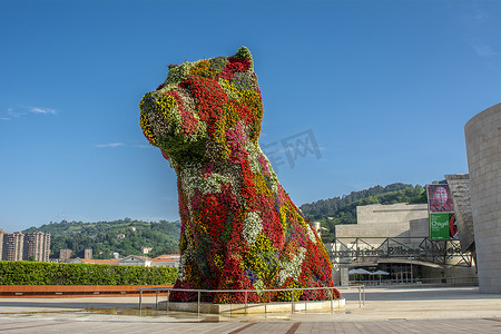 西班牙毕尔巴鄂- 2018年6月：小狗雕塑，由Jeff Koons设计，位于西班牙毕尔巴鄂古根海姆博物馆前.