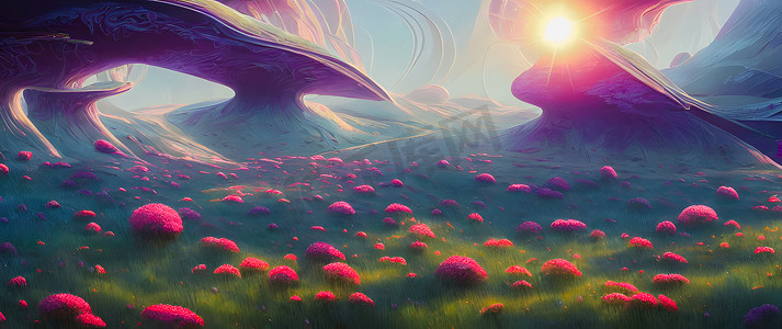 tender摄影照片_Artistic concept painting of a beautiful sci-fi landscape, with a future thing in the background. Tender and dreamy design, background illustration.