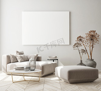 海报模拟摄影照片_模拟海报框架在现代室内背景, 客厅, 斯堪的纳维亚风格, 3d 渲染, 3d 插图