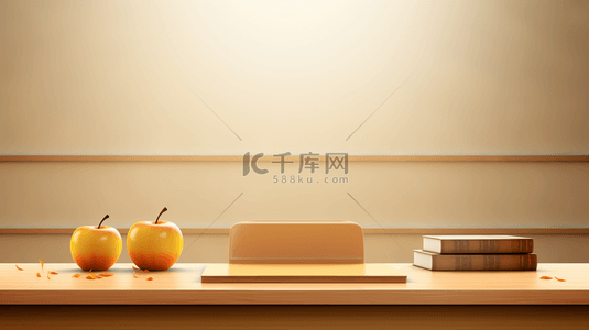 书桌上摆放鲜花苹果文具彩色背景5