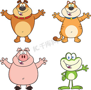 卡通猪摄影照片_牛头犬、 猫、 猪和青蛙
