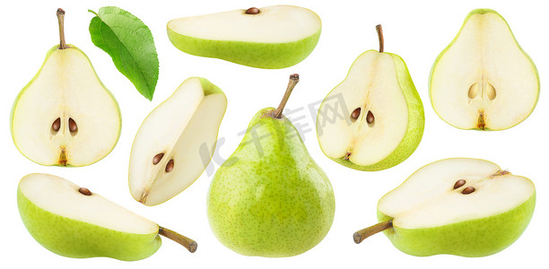 孤立的切青梨子果。在白色背景上分离的不同形状的绿色梨子碎片集合