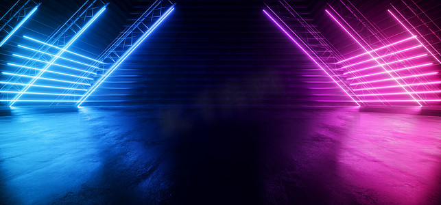 Neon Synthwave Cyber Purple Blue Cyberpunk Triangle Warehouse Tunnel Corridor Concrete Cement Asphalt Laser Beams Club Dance Stage Fashion parking Garage 3D渲染插图