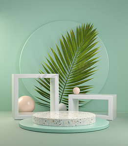 最小现代图形显示图形与棕榈叶在绿色薄荷文摘背景3D渲染