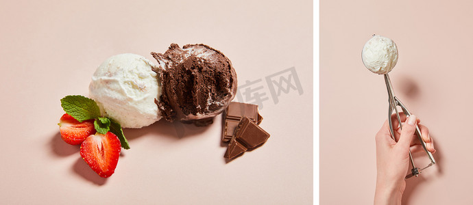 女人剪影摄影照片_用勺子和新鲜美味的白色和巧克力冰淇淋球与薄荷和草莓粉红背景，拼贴的女人剪影