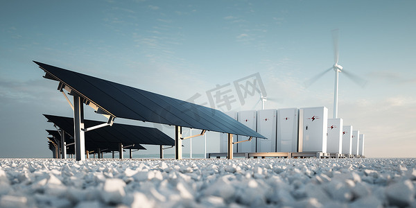 黑色扁平主图摄影照片_可再生能源存储的概念在现代黑色光伏、模块化电池储能系统和风力涡轮机系统的背景下。3d 渲染.