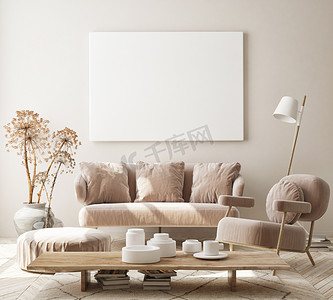 3d渲染室内摄影照片_在现代室内环境、客厅、斯堪的纳维亚风格、 3D渲染、 3D插图中模拟海报框架