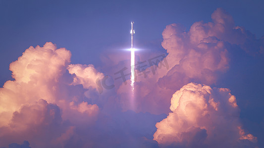 飞行轨道摄影照片_在红云上飞行的火箭宇宙飞船在美丽的落日水平概念艺术-三维渲染中到达轨道，赢得了重力 