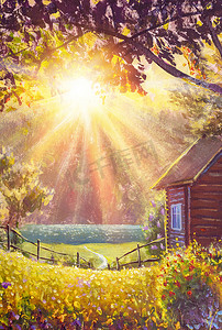 阳光明媚的油画，夏日温暖的乡村风景，闪耀着现代美术的光芒，绽放的灌木丛和舒适的村舍插画.