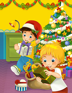 快乐圣诞场景与兄弟以礼物-儿童插画