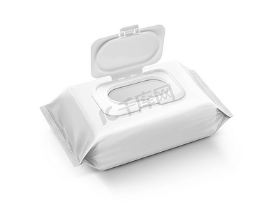 湿巾详情摄影照片_孤立在白色背景上的空白包装湿巾袋