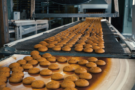 食品厂, 生产线或传送带带新鲜烘焙饼干。现代全自动糖果及烘焙机械设备