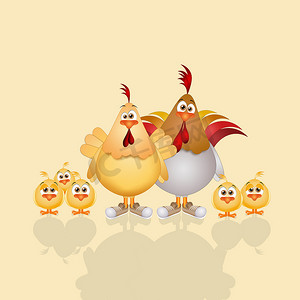 公鸡摄影照片_有公鸡和黄色背景的小鸡的母鸡的图片