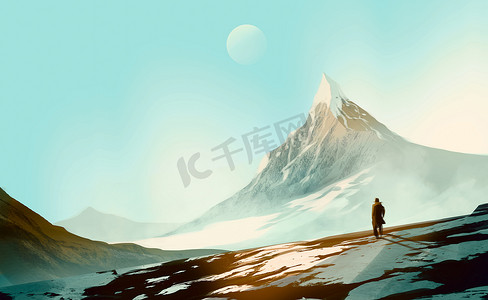 一个人站在雪山上, 和平, 孤独的概念.