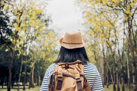 年轻的旅行女子背包客在秋季的森林里期待着, 自由流浪旅行. 单人背包
