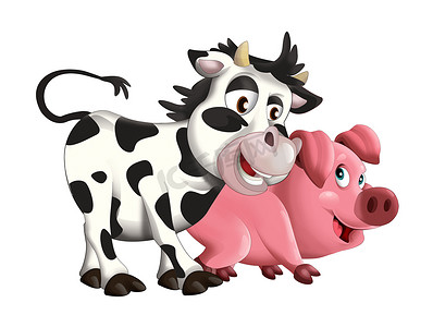 卡通可笑的小猪和牛-朋友